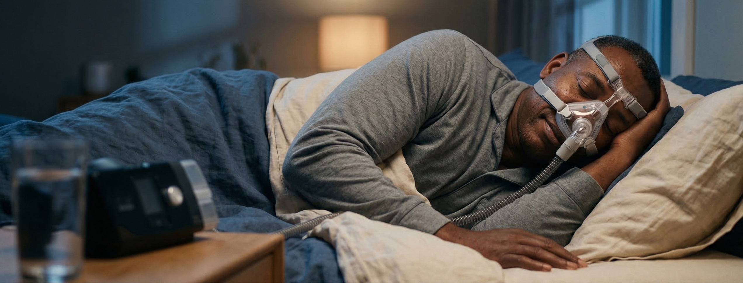 Man sleeping comfortably on his side wearing a PAP mask connected to the Kricket device